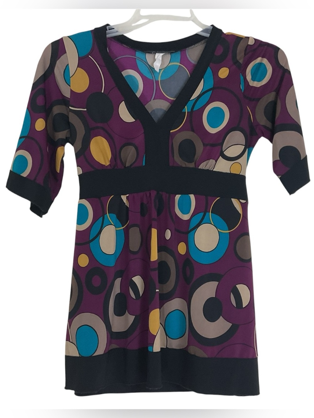 Wisse Women’s Large Purple Geometric V-Neck Stretch Tunic Top Tie Back 3/4 Sleev